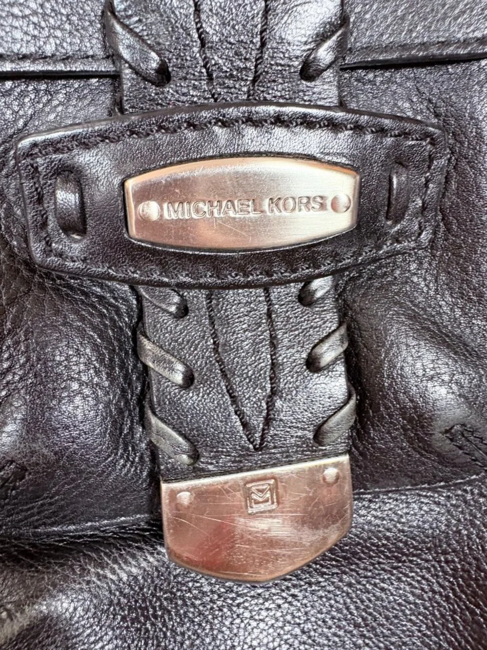 Michael Kors Leather Tote Bag Stitch Detail Top Handle Black Vintage Large